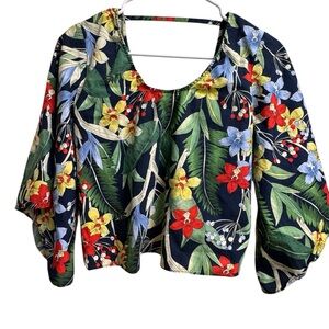 ZARA Floral Tropical Puff Sleeve Crop Top Size M Ruched Front Blouse